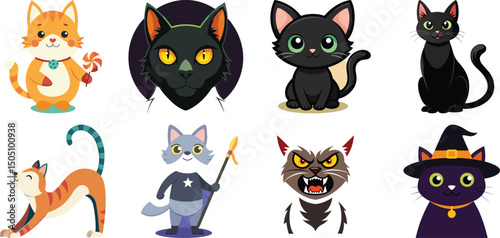 Black Cat Vector Pack  8 Cute & Scary Cats for Halloween Isolated on transparent background