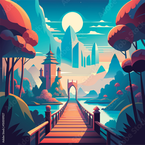 Enchanted bridge leads to fantasy city.
