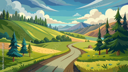 Gravel road winds through the rural landscape of Transcarpathia, offering peaceful scenery. A country way meanders among forested hills under a cloudy summer sky, with trees along the path.

