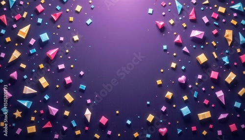 Colorful geometric shapes scattered on a purple background.
