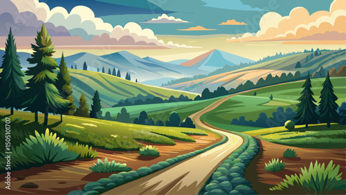 Gravel road winds through the rural landscape of Transcarpathia, offering peaceful scenery. A country way meanders among forested hills under a cloudy summer sky, with trees along the path.

