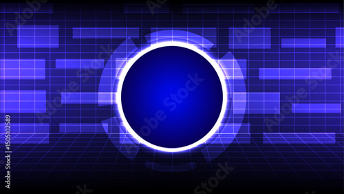 Blue digital abstract background with glowing circle and grid lines, creating futuristic and tech inspired atmosphere with vibrant light effects and geometric shapes
