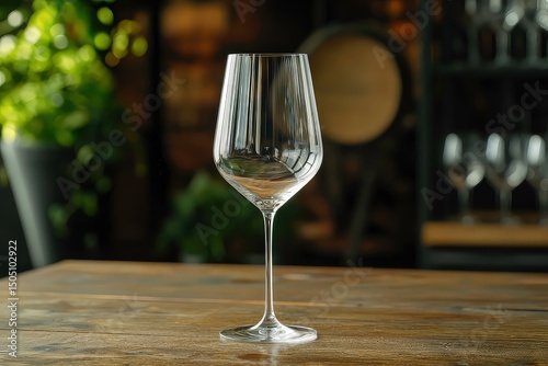 Elegant crystal wine glass with intricate cut patterns on wooden surface, illuminated by warm golden light for a sophisticated ambiance