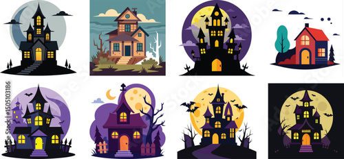 Haunted House Vector Bundle  8 Scary Buildings with Ghosts  Bats