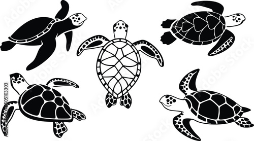 Minimalist black and white sea turtle vector icon set for marine-themed design projects, logos, and educational materials.