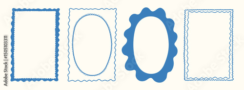 Hand drawn Italian postcard stamp set. Vintage Italy summer doodle border set. Whimsical minimal blue frames for menu, wedding, prints, invitation. Coastal vacation Isolated Vector illustration.