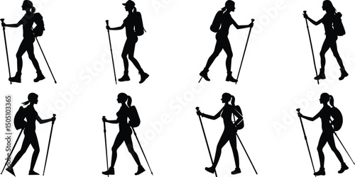 Hiker Silhouettes set. Silhouettes of climbers are isolated on a transparent background. Climber People with backpacks.