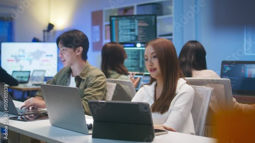 Group of male, female software developer, programmer Training Intelligent Agent, Reviewing Code, Analyzing Code and Testing and developing Custom prompt for AI project, working together in tech office
