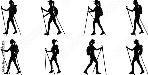 Hiker Silhouettes set. Silhouettes of climbers are isolated on a transparent background. Climber People with backpacks.