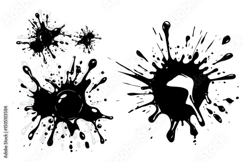 Vector black Ink Splashes isolated on white background.