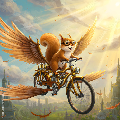 Flying Squirrel on Steampunk Bicycle: Fantasy Art Illustration on transparent background photo