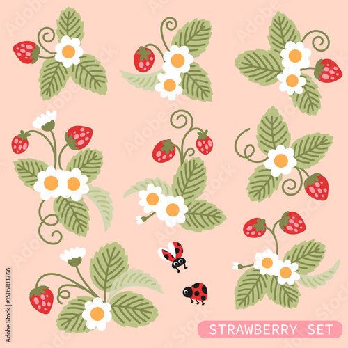 Strawberry branches arrangement vector set