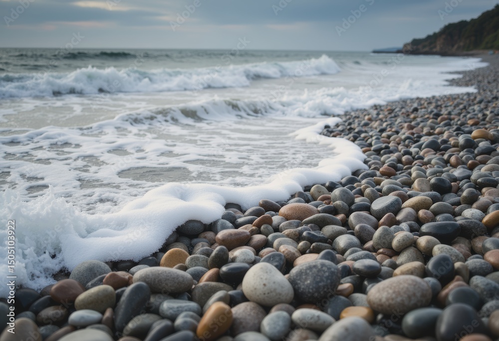 Obraz premium Foamy surf washing over a mosaic pattern of tide-pool stones