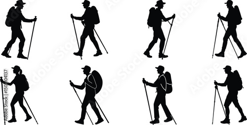 Hiker Silhouettes set. Silhouettes of climbers are isolated on a transparent background. Climber People with backpacks.