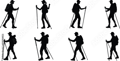 Hiker Silhouettes set. Silhouettes of climbers are isolated on a transparent background. Climber People with backpacks.