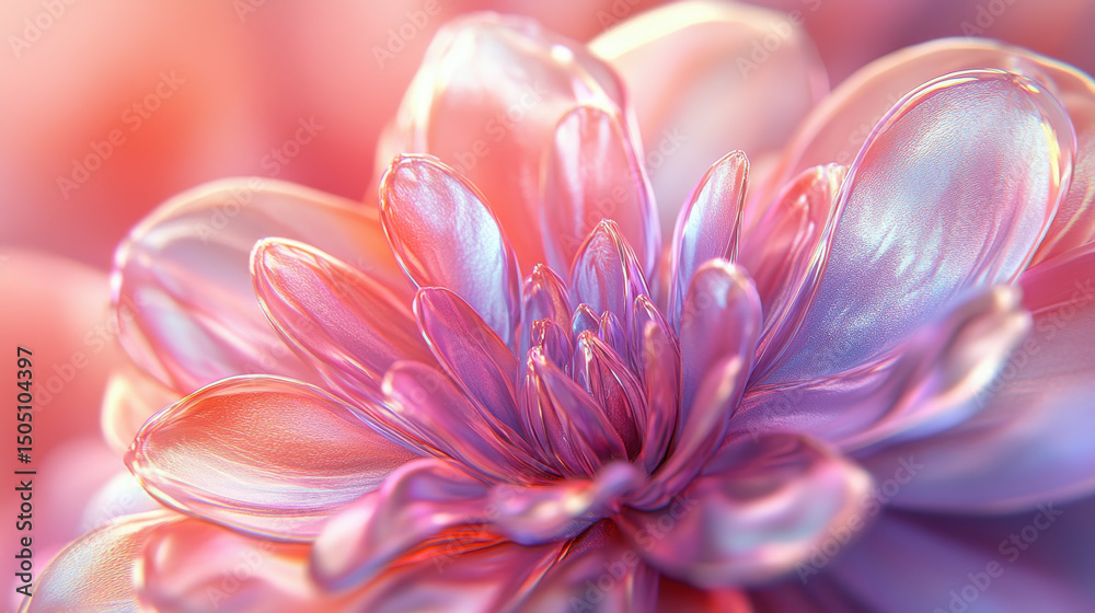 Fototapeta premium Close up of vibrant, iridescent flower with delicate petals in shades of pink and purple, creating dreamy and ethereal atmosphere. soft focus enhances its beauty