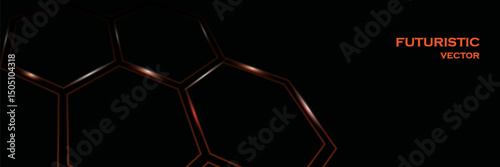Dark hexagon abstract technology background with bright orange and white flashes under the hexagon. Abstract technology futuristic wide banner vector.