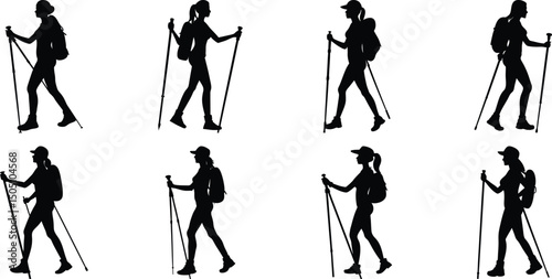 Hiker Silhouettes set. Silhouettes of climbers are isolated on a transparent background. Climber People with backpacks.