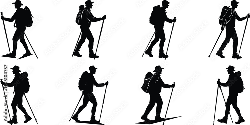 Obraz premium Hiker Silhouettes set. Silhouettes of climbers are isolated on a transparent background. Climber People with backpacks.
