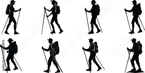Hiker Silhouettes set. Silhouettes of climbers are isolated on a transparent background. Climber People with backpacks.
