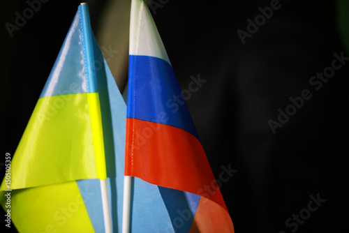 Ukraine and Russia Conflict Concept with Flags Representing Ongoing Tensions and Geopolitical Issues photo