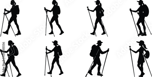 Hiker Silhouettes set. Silhouettes of climbers are isolated on a transparent background. Climber People with backpacks.