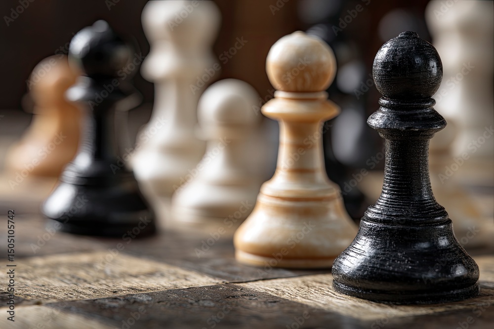 Fototapeta premium White chess pieces on the floor of an outdoor park, a white rook piece in the foreground with other black and gray pieces behind it, 