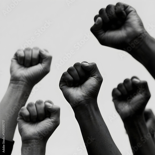Black and white image of clenched fists raised in powerful gesture of unity, resistance, and solidarity for social justice