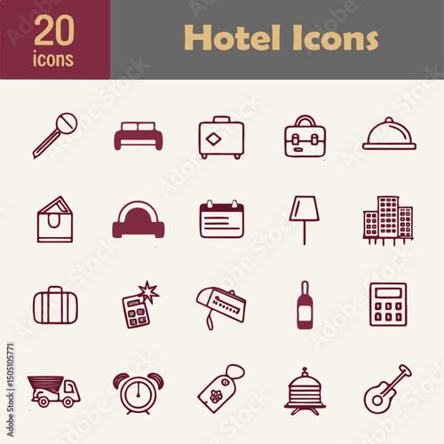 Hotel Icon Set – Vector Icons for Travel, Booking, Amenities & Hospitality Services,  Hotel services, recreational rest, relax, travel. Vector illustration 