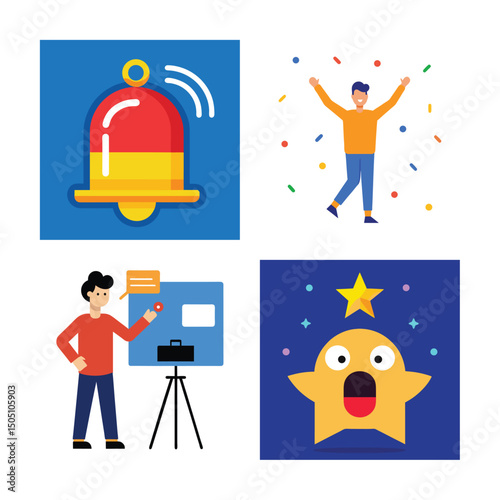 Vector icons set design shows a businessman with a gun, another people with a broom, and a man in the night as a work concept illustration