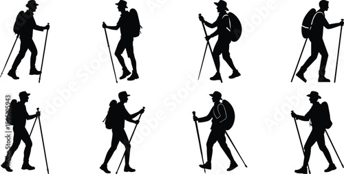 Hiker Silhouettes set. Silhouettes of climbers are isolated on a transparent background. Climber People with backpacks.