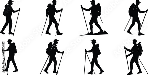 Hiker Silhouettes set. Silhouettes of climbers are isolated on a transparent background. Climber People with backpacks.