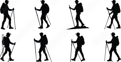 Hiker Silhouettes set. Silhouettes of climbers are isolated on a transparent background. Climber People with backpacks.