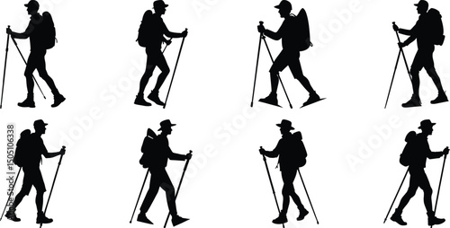 Hiker Silhouettes set. Silhouettes of climbers are isolated on a transparent background. Climber People with backpacks.
