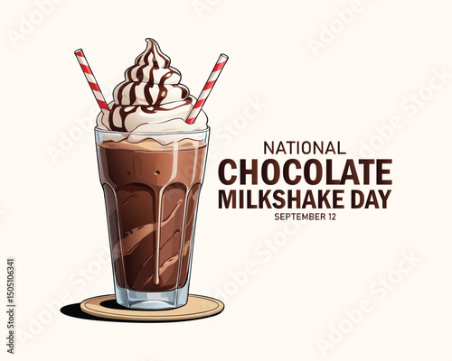 National Chocolate Milkshake Day vector. Chocolate milkshake with whipped cream and chocolate topping icon vector. Glass of cocoa milk drink drawing. September 12.