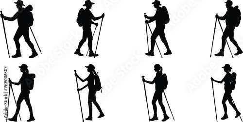 Hiker Silhouettes set. Silhouettes of climbers are isolated on a transparent background. Climber People with backpacks.