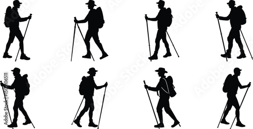 Hiker Silhouettes set. Silhouettes of climbers are isolated on a transparent background. Climber People with backpacks.