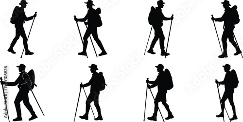 Hiker Silhouettes set. Silhouettes of climbers are isolated on a transparent background. Climber People with backpacks.