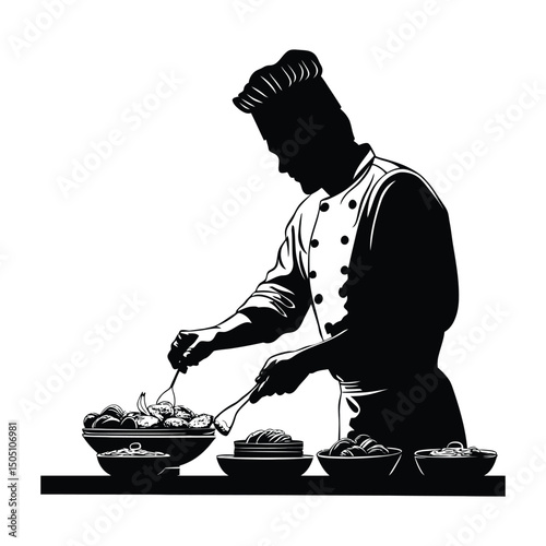 A chef preparing and presenting a wide minimal black silhouette