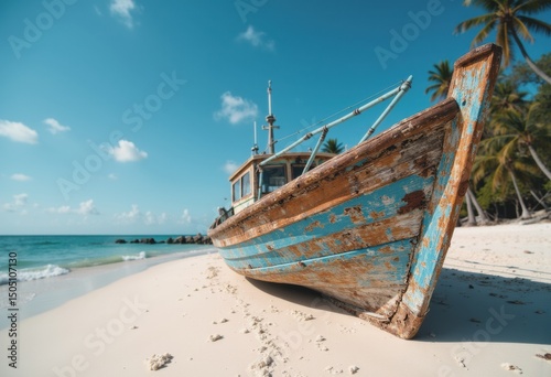 Vintage fishing boat beached on white sand under a clear blue sky