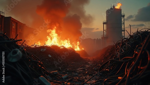 Burning piles of garbage smolder at a dump, sending thick smoke into the air, highlighting pollution and environmental neglect.