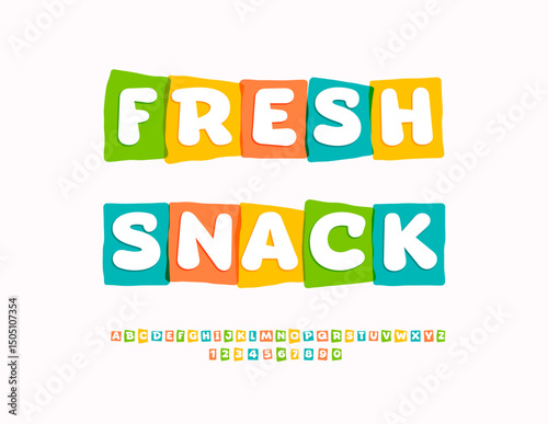Vector Creative banner Fresh Snack. Colorful 3D Cube Font. Bright Blocks Alphabet Letters and Numbers.