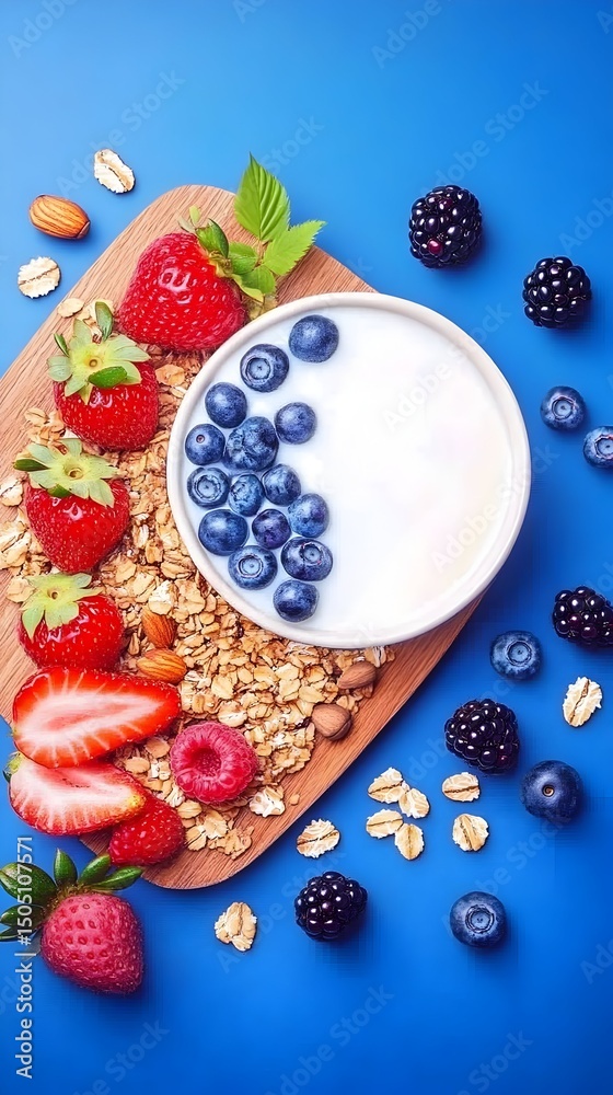 Fototapeta premium Creamy yogurt topped with blueberries, nestled amongst strawberries, raspberries, almonds, and granola on a wooden board against a vibrant blue backdrop