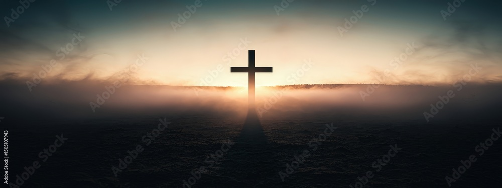 Naklejka premium A cross is lit up in the fog at sunset