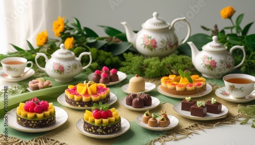 Wallpaper Mural Elegant afternoon tea arrangement with floral teapots and assorted desserts Torontodigital.ca