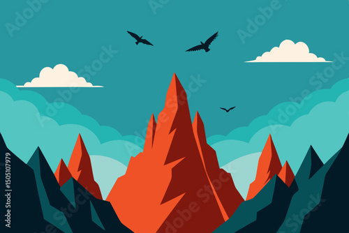 rocky mountain cliffs with eagles flying overhead and distant peaks vector illustration