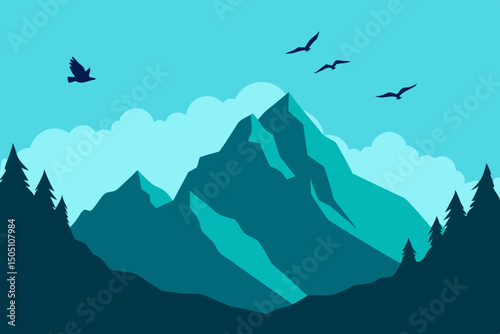 rocky mountain cliffs with eagles flying overhead and distant peaks vector illustration