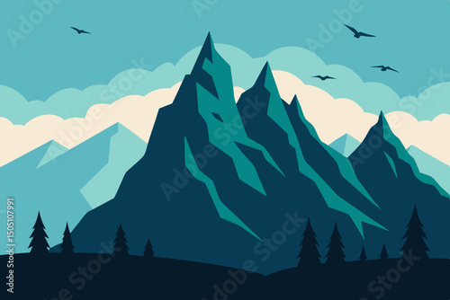 rocky mountain cliffs with eagles flying overhead and distant peaks vector illustration