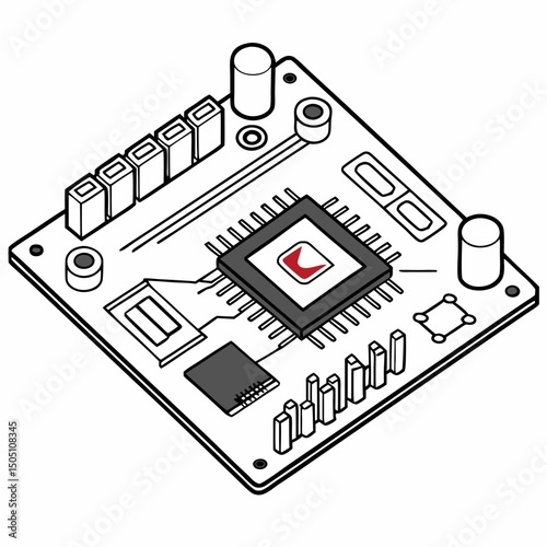 Vector illustration of motherboard with a damaged chip highlighted, isolated on transparent background