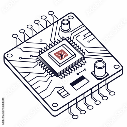 Vector illustration of motherboard with a damaged chip highlighted, isolated on transparent background